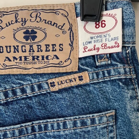 Vintage Lucky Sz 2 Y2K Dungarees Low Rise Flare Jeans Floral Hand Embroidery - Picture 7 of 9